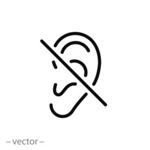 Hearing Disability Icon, No Hear Or Mute, Deaf Ear, Thin Line Web Symbol On White Background - Editable Stroke Vector Illustration