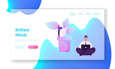 Poster - Green Office Website Landing Page. Business People Work in Modern Eco-friendly Area. Woman Watering Potted Plants and Flowers. Eco Friendly Workspace Web Page Banner. Cartoon Flat Vector Illustration
