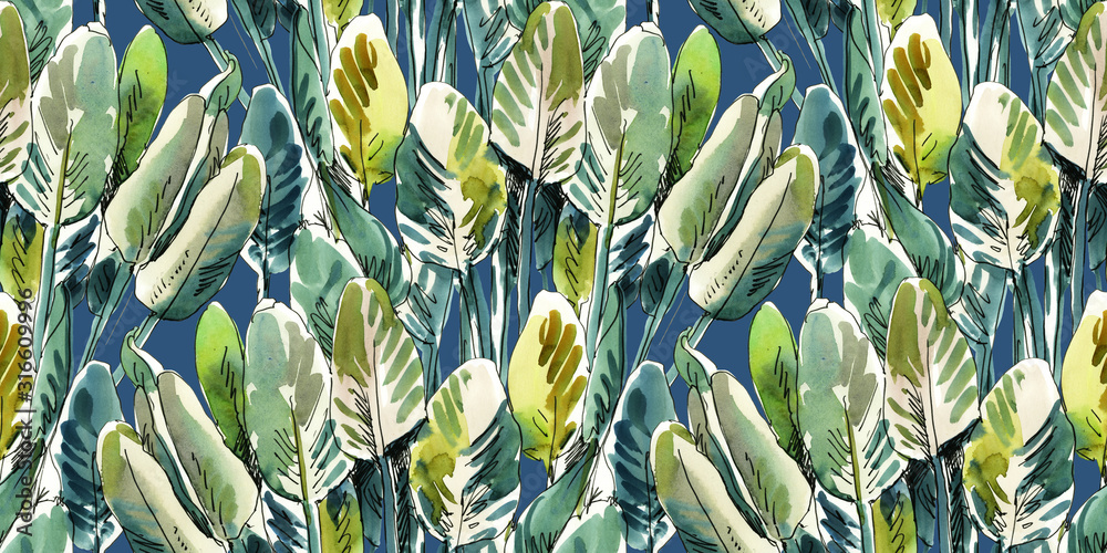 tropical leaves seamless pattern, illustration on dark blue background ...