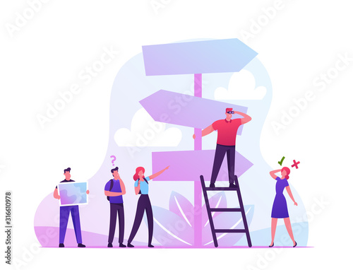 Fotografía Choice Way Concept with Confused Business People Stand at Road Pointer with Hard and Easy Directions, Making Decision what Path to Choose