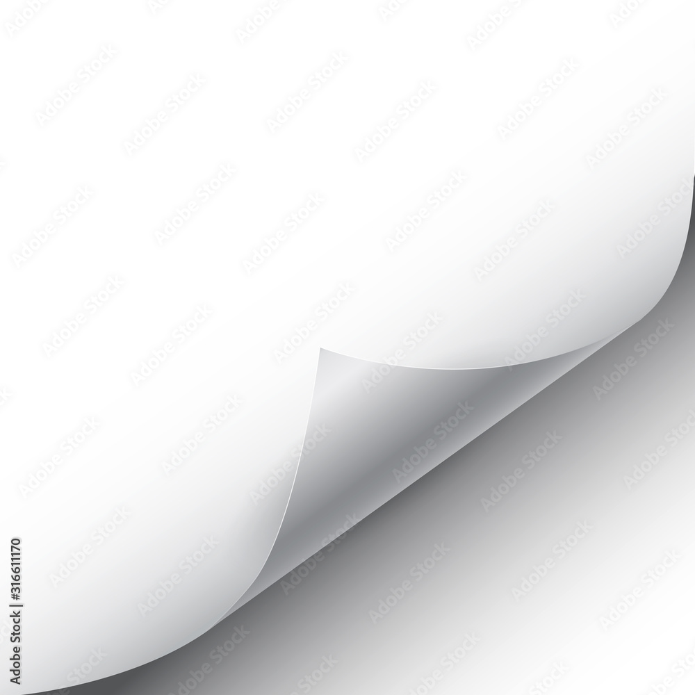 Blank page with curled corner and shadow, page curl with shadow on blank sheet of paper, corner of sheet of paper – vector - obrazy, fototapety, plakaty 