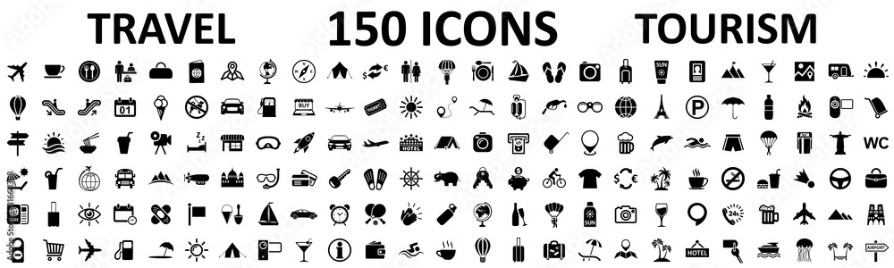 Travel and tourism set 150 icons, vocation signs for web development apps, websites, infographics, design elements – stock vector - obrazy, fototapety, plakaty 