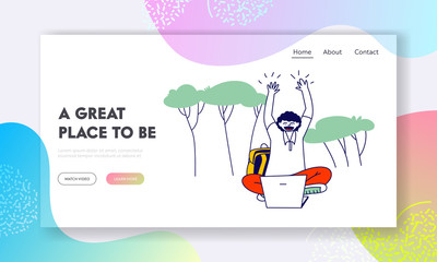 Poster - Distance Online Education, Electronics Learning Website Landing Page. Young Man Student Nerd Work on Laptop Sitting on Grass at College Yard Web Page Banner. Cartoon Flat Vector Illustration, Line Art