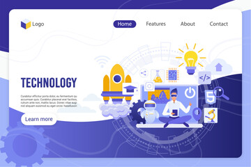 Aufkleber - Technology, digital world landing page vector template. Businessman with 3D glasses and devices faceless character. Innovation, scientific breakthrough, high tech web banner homepage design layout