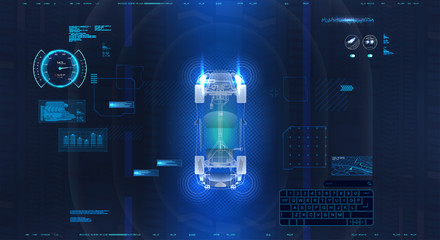 Poster - Smart braking car crash from car accident. An assistant in driving a car that scans all objects around the auto. Automatic braking system. Self driving vehicle. parking sensors 360 degrees HUD. Vector