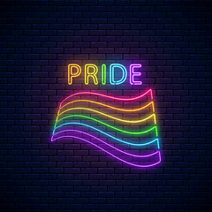 Wall Mural - Neon LGBT wawing flag with pride text. Pride sign design template, LGBT logo, bisexual, gay and transgender rights