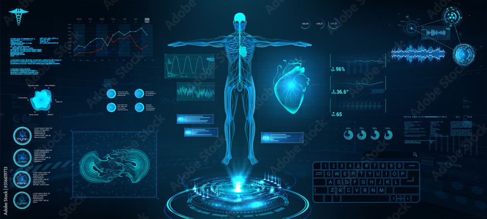 Modern medical examination in HUD style. Scan of the heart and its indicators in HUD style. Ultrasound and cardiogram. Innovation medical interface with illustration of Heart Scan and Human Body.  - obrazy, fototapety, plakaty 