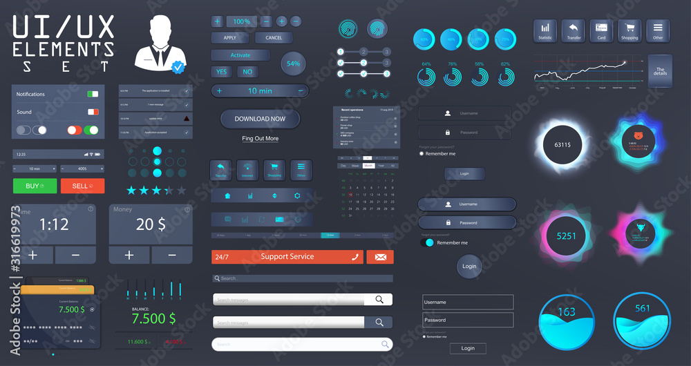 Big set UI, UX, KIT for web design and mobile app with different buttons, icons, charts, bars, menu, search, tabs and other. Template for websites and applications. UI vector elements in Flat style. - obrazy, fototapety, plakaty 