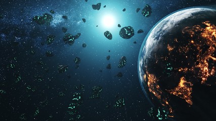 Wall Mural - meteor shower flying through solar system to earth. asteroid rock collision. realistic planet globe 