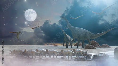 Dekoracja na wymiar  rozne-dinozaury-na-prehistorycznym-tle-przyrody-renderowanie-3d