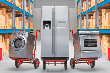 Poster - Hand trucks with household and kitchen appliances in warehouse. Delivery concept, 3D rendering