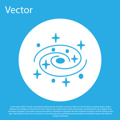 Blue Milky way spiral galaxy with stars icon isolated on blue background. White circle button. Vector Illustration
