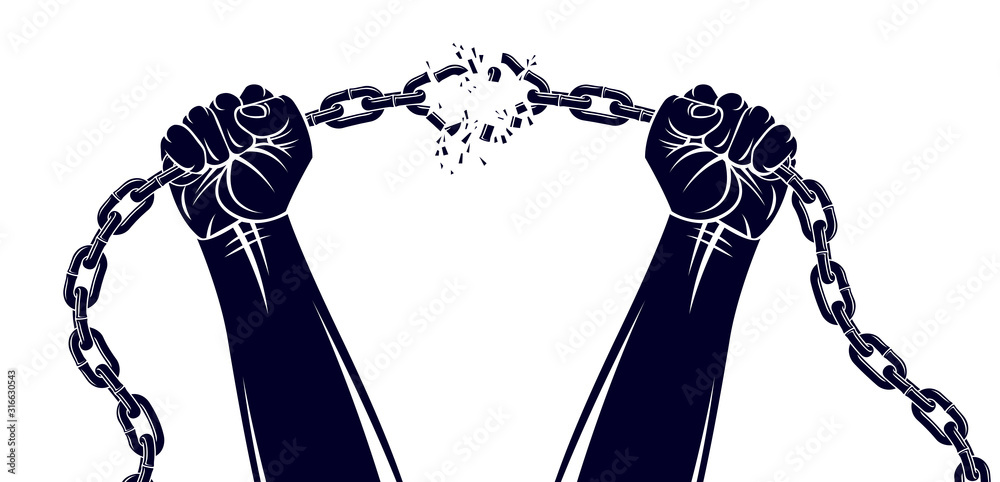 Strong hand clenched fist fighting for freedom against chain slavery theme illustration, vector logo or tattoo, getting free, struggle for liberty. - obrazy, fototapety, plakaty 