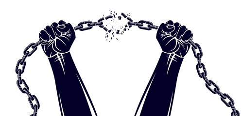strong hand clenched fist fighting for freedom against chain slavery theme illustration, vector logo
