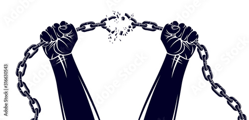 Fotomural Strong hand clenched fist fighting for freedom against chain slavery theme illustration, vector logo or tattoo, getting free, struggle for liberty