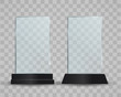 Set of transparent glass awards, trophy glass table display. plastic clear stand reflection shiny plates vector isolated template