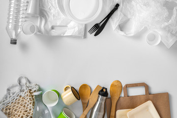 the problem of emvironmental pollution, plastic dish versus eco natural organic dish on the table, flat lay on color surface