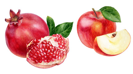 Wall Mural - Pomegranate apple set watercolor isolated on white background