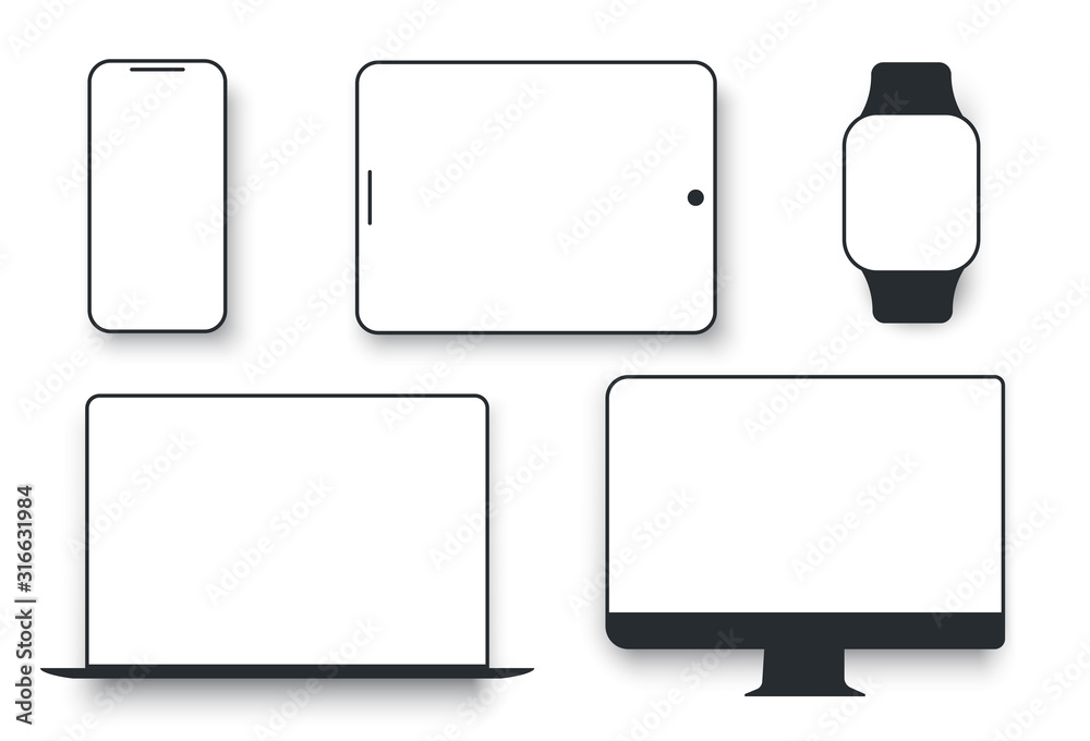 White desktop computer display screen smartphone tablet portable notebook or laptop. Gadgets display to present visual information.  Vector flat style cartoon illustration isolated on white background - obrazy, fototapety, plakaty 