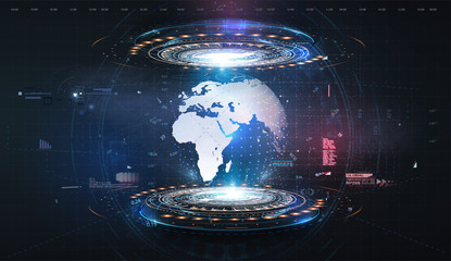 Fototapete - Hologram earth for concept design. Blue futuristic background with planet Earth.  Abstract tech design background. Virtual graphic.Abstract modern background. Science/technology background. HUD/UI/GUI