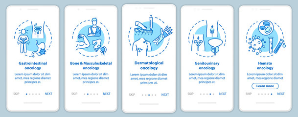 Oncology onboarding mobile app page screen with concepts. Gastrointestinal oncology. Cancer treatment walkthrough five steps graphic instructions. UI vector template with RGB color illustrations