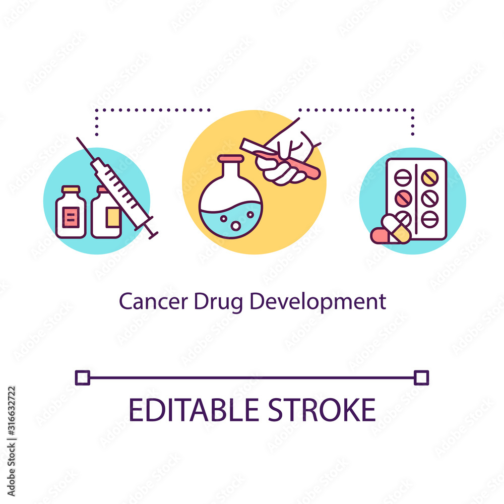 Cancer drug development concept icon. Oncology treatment idea thin line ...