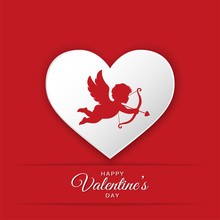 Happy Valentines Day Greeting Card Design. Silhouette Of Cupid On Heart Background