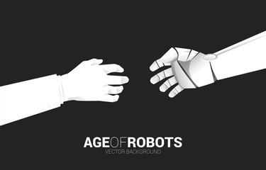 Poster - Robot hand reach to touch with human hand. concept birth of a.i. learning machine era.