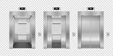 Vector 3d Realistic Blank Empty Open and Closed Steel, Chrome, Silver Metal Office Building Lift Elevator Doors with Buttons Set Closeup Isolated. Floor interior mockup. Business Concept. Front View