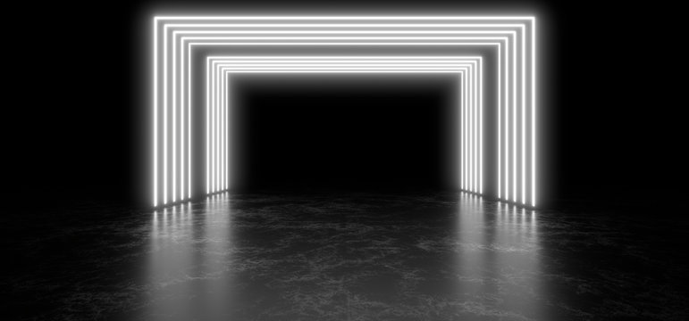 Beautiful composition of white neon lights on a black background. 3d rendering image.
