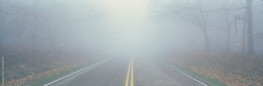 This is Fossy Road in a fog.  It signifies hazardous driving conditions as you can only see a few feet of the road and the way ahead is obscured by the fog. - obrazy, fototapety, plakaty 