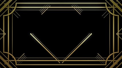 Infinite Looped Gatsby Art deco 20's style animated Frame Tunnel. Gold modern early 20th century ornament builds up and appears on black background. Glamorous template for opener, titles or text