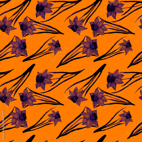 Watercolor seamless pattern with spring flowers: tulips, daffodils, lilac, mi...