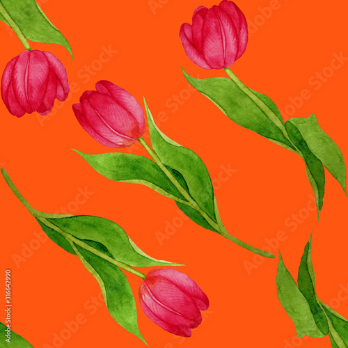 Watercolor seamless pattern with beautiful creative tulips. Bright spring pri...