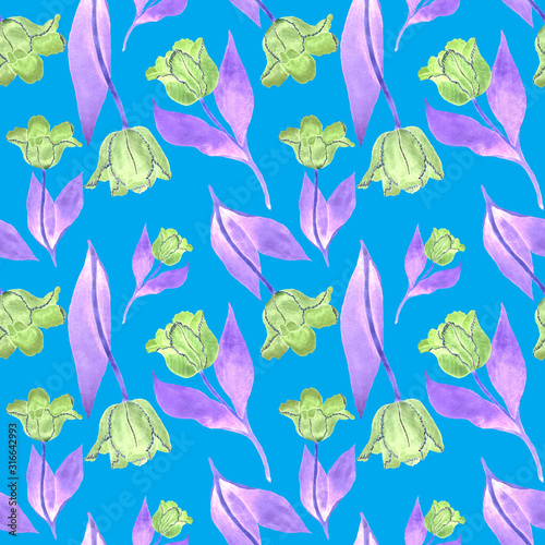 Watercolor seamless pattern with beautiful creative tulips. Bright spring pri...