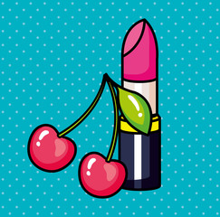 Sticker - lipstick with cherries pop art style icon vector illustration design