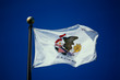 This is the State Flag waving in the wind. It is on a flagpole, against a blue sky. The main image we see is of an eagle in the center against a white background.