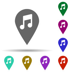 Poster - Music festival, pin, location, music note in multi color style icon. Simple glyph, flat vector of music festival icons for ui and ux, website or mobile application