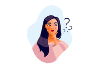 Thinking Girl. Beautiful Face, Doubts, Problems, Thoughts, Emotions. Curious Woman Questioning, Question Mark. Vector Illustration