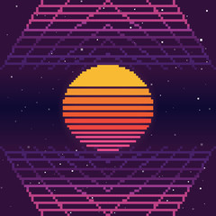 Leinwandbilder - Vector pixel art of 80s Retro sci-Fi background. Pixel art background. 8bit. Planet in space. Retro game design interface. Retro computer stars for template or design element with pixel theme.