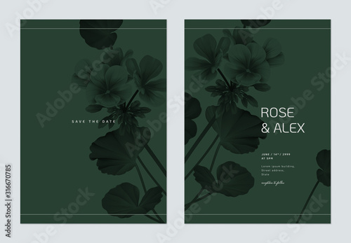 Floral wedding invitation card template design, Pelargonium zonale flowers wi...