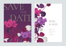 Floral Wedding Invitation Card Template Design, Pelargonium Zonale Flowers With Leaves In Purple Tones