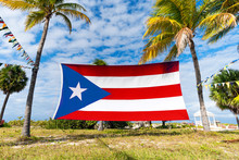 Puerto Rico Flag Among Palm. Puerto Rican Flag Against Tropical Palm Trees And Blue Sky. Beautiful Tropical Landscape On The Background.