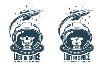 astronaut vintage logo. space helmet with flying rocket emblem. skull in spacesuit badge. vector ill