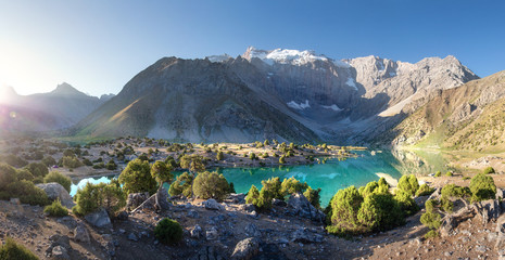 Fototapete - Sunrise in Fann mountains, Tajikistan. Kulikalon lake surrounded mountain range