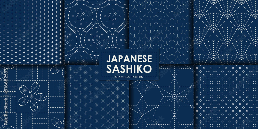 Japanese sashiko seamless pattern vector collection, Decorative wallpaper. - obrazy, fototapety, plakaty 
