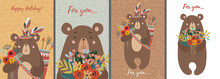 Set Of Cards With Hand Drawn Cute Bears. Childish Vector