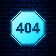 Poster - Glowing neon Page with a 404 error icon isolated on brick wall background. Template reports that the page is not found. Vector Illustration