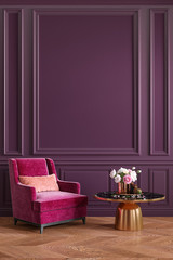 Classic purple, ultraviolet, colorful, interior with armchair, coffee table, flowers and wall moldings. 3d render illustration mockup.