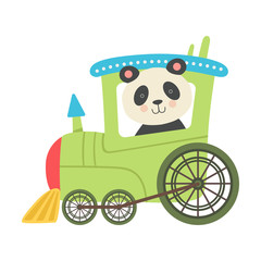 Wall Mural - Funny Panda with Bucket Ears Riding on Train Vector Illustration